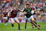 29 June 2025; Eoghan Frayne of Meath in action against Galway players Johnny McGrath, left, and Dylan McHugh during the GAA Football All-Ireland Senior Championship quarter-final match between Meath and Galway at Croke Park in Dublin. Photo by Shauna Clinton/Sportsfile