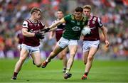 29 June 2025; Eoghan Frayne of Meath in action against Galway players Johnny McGrath, left, and Dylan McHugh during the GAA Football All-Ireland Senior Championship quarter-final match between Meath and Galway at Croke Park in Dublin. Photo by Shauna Clinton/Sportsfile