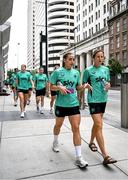 29 June 2025; Republic of Ireland's Chloe Mustaki and Kyra Carusa, right, during the team's match-day team walk in Cincinnati, ahead of their international friendly match against United States at TQL Stadium in Cincinnati, USA. Photo by Stephen McCarthy/Sportsfile
