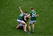 29 June 2025; Eoghan Frayne, left, Ciarán Caulfield, and Cian McBride of Meath celebrate after the GAA Football All-Ireland Senior Championship quarter-final match between Meath and Galway at Croke Park in Dublin. Photo by Daire Brennan/Sportsfile