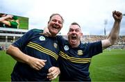 29 June 2025; Meath manager Robbie Brennan, left, and and coach Carl Manning celebrate at the final whistle of the GAA Football All-Ireland Senior Championship quarter-final match between Meath and Galway at Croke Park in Dublin. Photo by Shauna Clinton/Sportsfile