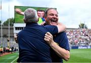 29 June 2025; Meath manager Robbie Brennan, right, and and coach Carl Manning celebrate at the final whistle of the GAA Football All-Ireland Senior Championship quarter-final match between Meath and Galway at Croke Park in Dublin. Photo by Shauna Clinton/Sportsfile