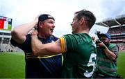 29 June 2025; Meath manager Robbie Brennan, left, and Donal Keogan celebrate at the final whistle of the GAA Football All-Ireland Senior Championship quarter-final match between Meath and Galway at Croke Park in Dublin. Photo by Shauna Clinton/Sportsfile
