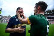 29 June 2025; Meath manager Robbie Brennan, left, and Donal Keogan celebrate at the final whistle of the GAA Football All-Ireland Senior Championship quarter-final match between Meath and Galway at Croke Park in Dublin. Photo by Shauna Clinton/Sportsfile