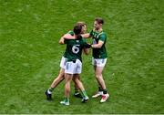 29 June 2025; Meath players, left to right, Seán Coffey, Ruairí Kinsella, and Cathal Hickey, celebrate after the GAA Football All-Ireland Senior Championship quarter-final match between Meath and Galway at Croke Park in Dublin. Photo by Daire Brennan/Sportsfile