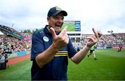 29 June 2025; Meath manager Robbie Brennan celebrates at the final whistle of the GAA Football All-Ireland Senior Championship quarter-final match between Meath and Galway at Croke Park in Dublin. Photo by Shauna Clinton/Sportsfile