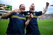 29 June 2025; Meath manager Robbie Brennan, left, and and coach Carl Manning celebrate at the final whistle of the GAA Football All-Ireland Senior Championship quarter-final match between Meath and Galway at Croke Park in Dublin. Photo by Shauna Clinton/Sportsfile
