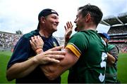 29 June 2025; Meath manager Robbie Brennan, left, and Donal Keogan celebrate at the final whistle of the GAA Football All-Ireland Senior Championship quarter-final match between Meath and Galway at Croke Park in Dublin. Photo by Shauna Clinton/Sportsfile