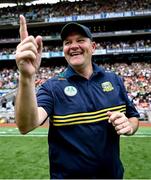 29 June 2025; Meath manager Robbie Brennan celebrates at the final whistle of the GAA Football All-Ireland Senior Championship quarter-final match between Meath and Galway at Croke Park in Dublin. Photo by Shauna Clinton/Sportsfile