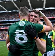 29 June 2025; Conor Duke, right, and Bryan Menton of Meath celebrate after the GAA Football All-Ireland Senior Championship quarter-final match between Meath and Galway at Croke Park in Dublin. Photo by Shauna Clinton/Sportsfile