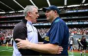 29 June 2025; Galway manager Padraic Joyce, left, and Meath manager Robbie Brennan after the GAA Football All-Ireland Senior Championship quarter-final match between Meath and Galway at Croke Park in Dublin. Photo by Shauna Clinton/Sportsfile