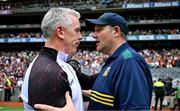 29 June 2025; Galway manager Padraic Joyce, left, and Meath manager Robbie Brennan after the GAA Football All-Ireland Senior Championship quarter-final match between Meath and Galway at Croke Park in Dublin. Photo by Shauna Clinton/Sportsfile