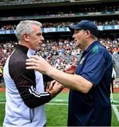 29 June 2025; Galway manager Padraic Joyce, left, and Meath manager Robbie Brennan after the GAA Football All-Ireland Senior Championship quarter-final match between Meath and Galway at Croke Park in Dublin. Photo by Shauna Clinton/Sportsfile