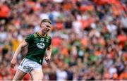 29 June 2025; Mathew Costello of Meath celebrates his side's second goal, scored by team-mate Jordan Morris, not pictured, during the GAA Football All-Ireland Senior Championship quarter-final match between Meath and Galway at Croke Park in Dublin. Photo by Shauna Clinton/Sportsfile