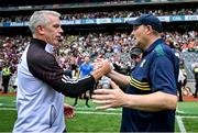 29 June 2025; Galway manager Padraic Joyce, left, and Meath manager Robbie Brennan after the GAA Football All-Ireland Senior Championship quarter-final match between Meath and Galway at Croke Park in Dublin. Photo by Shauna Clinton/Sportsfile