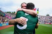 29 June 2025; Meath manager Robbie Brennan, left, and Donal Keogan celebrate after the GAA Football All-Ireland Senior Championship quarter-final match between Meath and Galway at Croke Park in Dublin. Photo by Shauna Clinton/Sportsfile