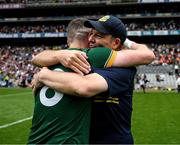 29 June 2025; Meath manager Robbie Brennan and Bryan Menton of Meath after the GAA Football All-Ireland Senior Championship quarter-final match between Meath and Galway at Croke Park in Dublin. Photo by Ray McManus/Sportsfile
