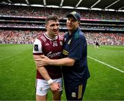 29 June 2025; Meath manager Robbie Brennan and Damien Comer of Galway after the GAA Football All-Ireland Senior Championship quarter-final match between Meath and Galway at Croke Park in Dublin. Photo by Ray McManus/Sportsfile