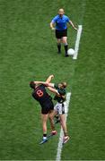 29 June 2025; Niall Grimley of Armagh and Mark O'Shea of Kerry contest the throw-in to start the GAA Football All-Ireland Senior Championship quarter-final match between Armagh and Kerry at Croke Park in Dublin. Photo by Daire Brennan/Sportsfile