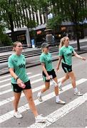 29 June 2025; Republic of Ireland players, from left, Saoirse Noonan, Denise O’Sullivan and Megan Connolly during the team's match-day team walk in Cincinnati, ahead of their international friendly match against United States at TQL Stadium in Cincinnati, USA. Photo by Stephen McCarthy/Sportsfile