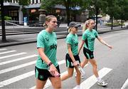 29 June 2025; Republic of Ireland players, from left, Saoirse Noonan, Denise O’Sullivan and Megan Connolly during the team's match-day team walk in Cincinnati, ahead of their international friendly match against United States at TQL Stadium in Cincinnati, USA. Photo by Stephen McCarthy/Sportsfile
