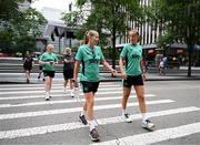 29 June 2025; Republic of Ireland's Ruesha Littlejohn and Caitlin Hayes, right, during the team's match-day team walk in Cincinnati, ahead of their international friendly match against United States at TQL Stadium in Cincinnati, USA. Photo by Stephen McCarthy/Sportsfile