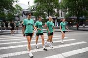 29 June 2025; Republic of Ireland players, from left, Erin Healy, Abbie Larkin, Izzy Atkinson, Ellen Molloy and Erin McLaughlin during the team's match-day team walk in Cincinnati, ahead of their international friendly match against United States at TQL Stadium in Cincinnati, USA. Photo by Stephen McCarthy/Sportsfile