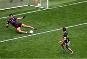 29 June 2025; Conor Geaney of Kerry has his shot saved by Armagh goalkeeper Ethan Rafferty during the GAA Football All-Ireland Senior Championship quarter-final match between Armagh and Kerry at Croke Park in Dublin. Photo by Daire Brennan/Sportsfile