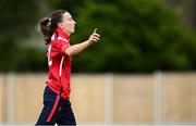 29 June 2025; Dragons bowler Orla Prendergast celebrates after taking the wicket of Scorchers batter Louise Little during the Evoke Super 20 Trophy match between Scorchers and Dragons at Railway Union Cricket Club in Dublin. Photo by Seb Daly/Sportsfile