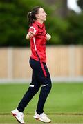 29 June 2025; Dragons bowler Orla Prendergast celebrates after taking the wicket of Scorchers batter Louise Little during the Evoke Super 20 Trophy match between Scorchers and Dragons at Railway Union Cricket Club in Dublin. Photo by Seb Daly/Sportsfile