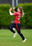 29 June 2025; Dragons bowler Alana Dalzell during the Evoke Super 20 Trophy match between Scorchers and Dragons at Railway Union Cricket Club in Dublin. Photo by Seb Daly/Sportsfile