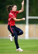 29 June 2025; Dragons bowler Orla Prendergast during the Evoke Super 20 Trophy match between Scorchers and Dragons at Railway Union Cricket Club in Dublin. Photo by Seb Daly/Sportsfile