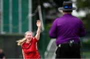 29 June 2025; Dragons bowler Jenny Jackson appeals for a wicket during the Evoke Super 20 Trophy match between Scorchers and Dragons at Railway Union Cricket Club in Dublin. Photo by Seb Daly/Sportsfile