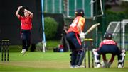 29 June 2025; Dragons bowler Arlene Kelly during the Evoke Super 20 Trophy match between Scorchers and Dragons at Railway Union Cricket Club in Dublin. Photo by Seb Daly/Sportsfile