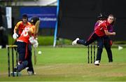29 June 2025; Dragons bowler Orla Prendergast, right, during the Evoke Super 20 Trophy match between Scorchers and Dragons at Railway Union Cricket Club in Dublin. Photo by Seb Daly/Sportsfile