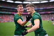 29 June 2025; Meath players Seán Rafferty, right, and Ruairí Kinsella celebrate after their side's victory in the GAA Football All-Ireland Senior Championship quarter-final match between Meath and Galway at Croke Park in Dublin. Photo by Piaras Ó Mídheach/Sportsfile