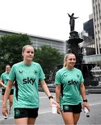 29 June 2025; Republic of Ireland's Erin McLaughlin and Ellen Molloy, right, during the team's match-day team walk in Cincinnati, ahead of their international friendly match against United States at TQL Stadium in Cincinnati, USA. Photo by Stephen McCarthy/Sportsfile