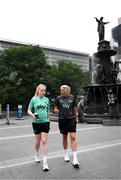 29 June 2025; Republic of Ireland's Amber Barrett and head coach Carla Ward during the team's match-day team walk in Cincinnati, ahead of their international friendly match against United States at TQL Stadium in Cincinnati, USA. Photo by Stephen McCarthy/Sportsfile