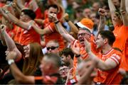 29 June 2025; Armagh supporters celebrate their side's first goal during the GAA Football All-Ireland Senior Championship quarter-final match between Armagh and Kerry at Croke Park in Dublin. Photo by Shauna Clinton/Sportsfile