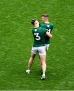 29 June 2025; Seán Rafferty, left, and Ruairí Kinsella of Meath celebrate after the GAA Football All-Ireland Senior Championship quarter-final match between Meath and Galway at Croke Park in Dublin. Photo by Daire Brennan/Sportsfile