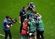29 June 2025; Meath manager Robbie Brennan and Donal Keogan celebrate after the GAA Football All-Ireland Senior Championship quarter-final match between Meath and Galway at Croke Park in Dublin. Photo by Daire Brennan/Sportsfile
