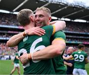 29 June 2025; Meath players Conor Gray, right, and Seán Coffey celebrate after the GAA Football All-Ireland Senior Championship quarter-final match between Meath and Galway at Croke Park in Dublin. Photo by Shauna Clinton/Sportsfile