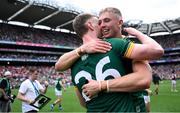 29 June 2025; Meath players Conor Gray, right, and Seán Coffey celebrate after the GAA Football All-Ireland Senior Championship quarter-final match between Meath and Galway at Croke Park in Dublin. Photo by Shauna Clinton/Sportsfile
