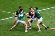 29 June 2025; Jack Glynn of Galway in action against Meath players, left to right, Seán Coffey, Keith Curtis, and Eoghan Frayne during the GAA Football All-Ireland Senior Championship quarter-final match between Meath and Galway at Croke Park in Dublin. Photo by Daire Brennan/Sportsfile