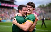 29 June 2025; Meath players Seán Coffey, left, and Keith Curtis celebrate after the GAA Football All-Ireland Senior Championship quarter-final match between Meath and Galway at Croke Park in Dublin. Photo by Piaras Ó Mídheach/Sportsfile