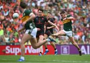 29 June 2025; Seán O'Shea of Kerry kicks a score during the GAA Football All-Ireland Senior Championship quarter-final match between Armagh and Kerry at Croke Park in Dublin. Photo by Shauna Clinton/Sportsfile