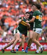 29 June 2025; Seán O'Shea of Kerry, left, gives team-mate David Clifford a high five after kicking a score during the GAA Football All-Ireland Senior Championship quarter-final match between Armagh and Kerry at Croke Park in Dublin. Photo by Shauna Clinton/Sportsfile