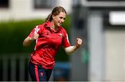 29 June 2025; Dragons bowler Alana Dalzell celebrates after taking the wicket of Scorchers batter Christina Coulter Reilly during the Evoke Super 20 Trophy match between Scorchers and Dragons at Railway Union Cricket Club in Dublin. Photo by Seb Daly/Sportsfile