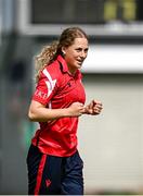 29 June 2025; Dragons bowler Alana Dalzell celebrates after taking the wicket of Scorchers batter Christina Coulter Reilly during the Evoke Super 20 Trophy match between Scorchers and Dragons at Railway Union Cricket Club in Dublin. Photo by Seb Daly/Sportsfile