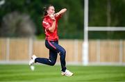29 June 2025; Dragons bowler Orla Prendergast during the Evoke Super 20 Trophy match between Scorchers and Dragons at Railway Union Cricket Club in Dublin. Photo by Seb Daly/Sportsfile